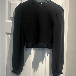 Aritzia Black Textured Blouse with Ruffled Hem